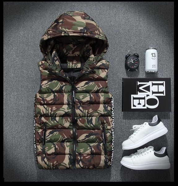 

Мужчины Army Green Camouflage Жилет Зимний Повседневный вниз с капюшоном Без рукавов Куртк