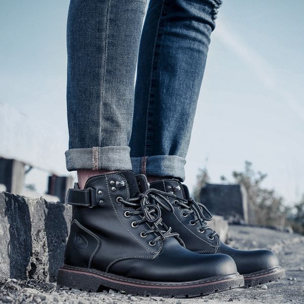 

genuine leather martin boots lace up breathable warm plush men leather boots fashion men snow boots plus size 38-44, Black