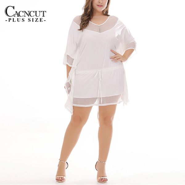 

perspective summer beach dress big size white mesh patchwork dresses large size lace up fashion tunic dress women clothing, White;black