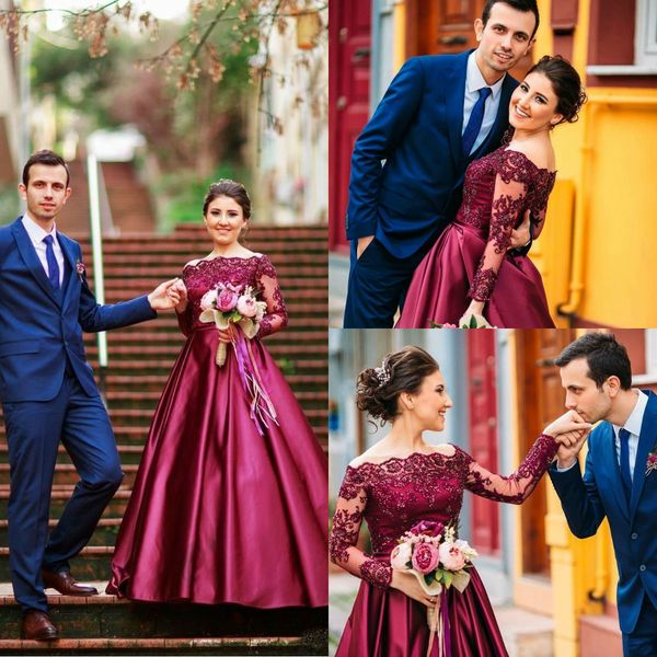 

2019 vintage burgundy evening dresses long sleeves off shoulder fancy lace applique beading design satin prom dress vestido de festa, Black;red