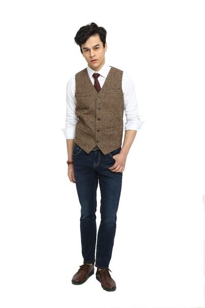 

2018 vintage brown mens suit vest slim groom donegal vest outerwear spring autumn summer wedding men plus size, Black;white