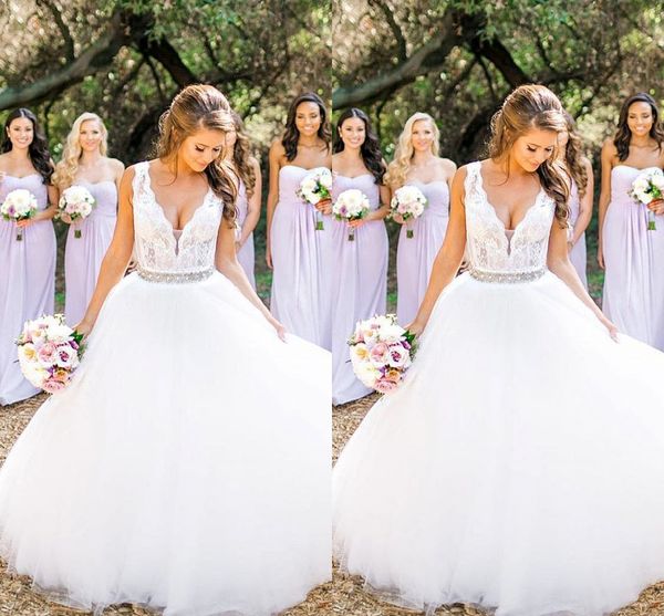 

crystal sash deep v-neck wedding dresses a-line lace cap sleeve backless garden wedding dress for bride bridal gowns wedding dress, White