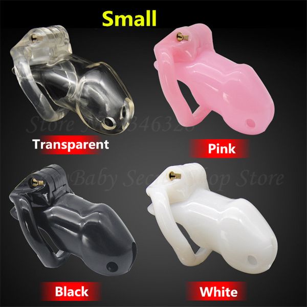 Novo Tamanho Pequeno Masculino Chastity Dispositivo Lockable Galo Gaiola Ressin Chastity Belt Produto do sexo com 4 tamanhos Penis Anéis Sexo Brinquedos para homens Y1892804