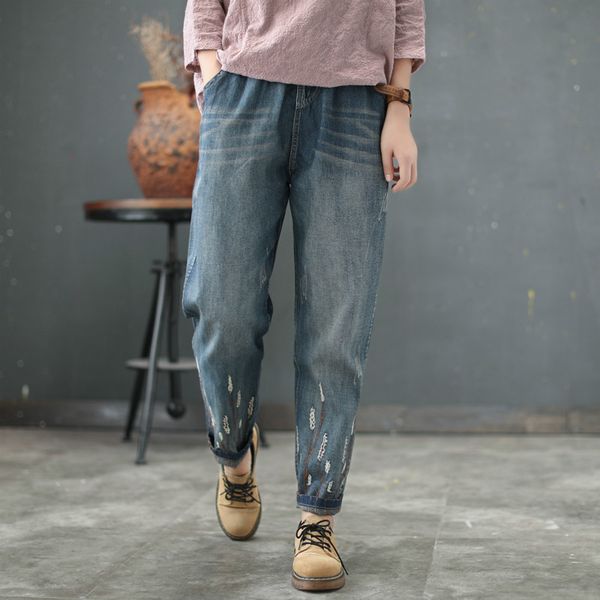 

new women's national wind wash old retro loose harem pants elastic waist tie scratch embroidery flower jeans, Blue