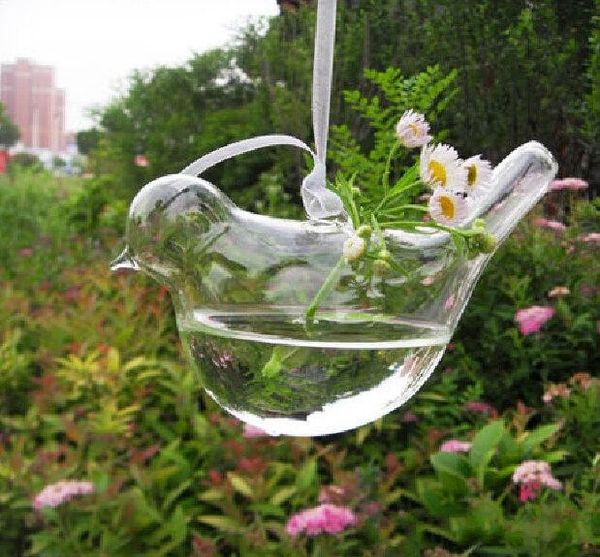 Hanging Water Plant Planter Vase Hand Blown Glass Bird Terrarium