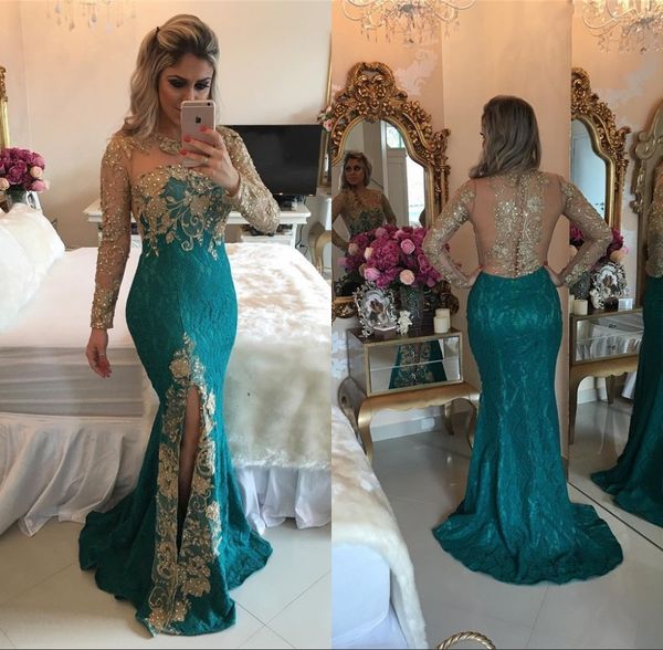 

2018 Vestidos Старинные Темно-Зеленый Сплит Пром Платья Русалка С Длинным Рукавом Блестящие Стразы Бисером Кружева Иллюзия Обратно Вечерние Платья