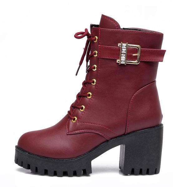 

autumn winter ankle boots new shoes booties 2018 woman fashion lace up thick heel boots female casual buckle straps short boot, Black