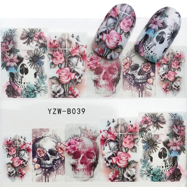 

new skull nail water transfer decals nail art sticker black flowers watermark adhesive sliders wraps decoration manicure