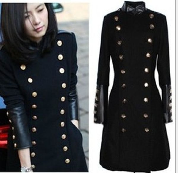 

2017 autumn winter wool coat handsome stand collar double-breasted trench coat plus size long leather woolen jacket overcoat, Black