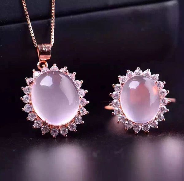 

natural rose quartz gems stone jewelry set genuine 925 sterling silver women ring chain pendant, Black