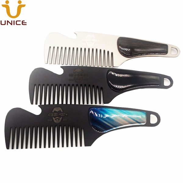

100pc lot new arrival tainle teel comb your logo cu tomized beard comb with bottle opener metal hair comb for gentlemen
