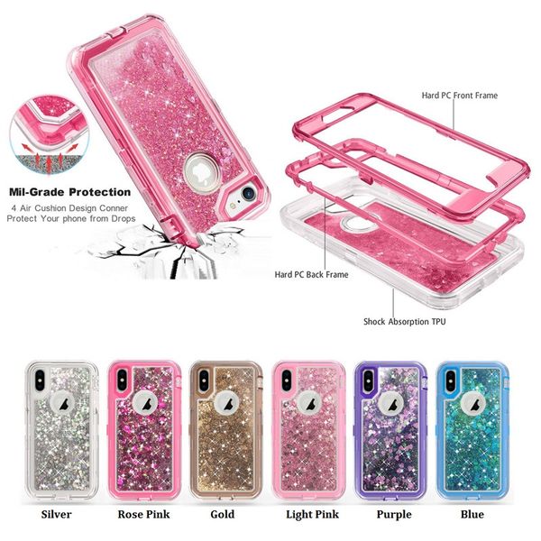 Antichoc 3in1 Glitter Liquid Bling Crystal Quicksand Defender Case pour Iphone 12 Pro Max 12 mini 11 Xs Max XR X 8 plus Samsung S20 Note 20