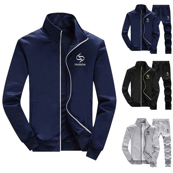 

men sportswear set autumn winter thicken sweatshirt pants sets sports suit tracksuit sweater collar slim sports suit #2o18, Black;blue