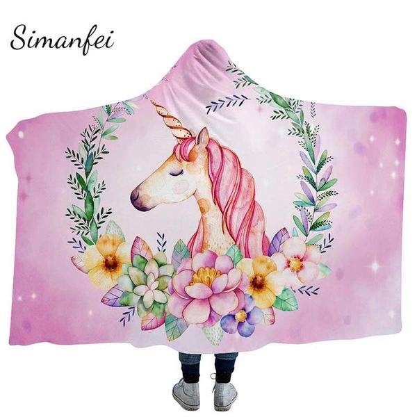 

simanfei 2018 мультфильм единорог микрофибры с капюшоном одеяло для детей взрослых цветочные шерпа флис носимых одеяло