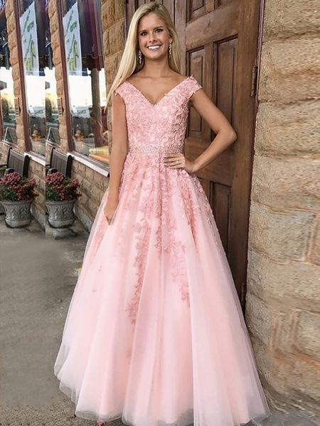 Abito da sera rosa cipria a-line 2022 Abito da sera da ballo formale con scollo a V da principessa con scollo a V in tulle con applicazioni di perline vestidos de fiesta