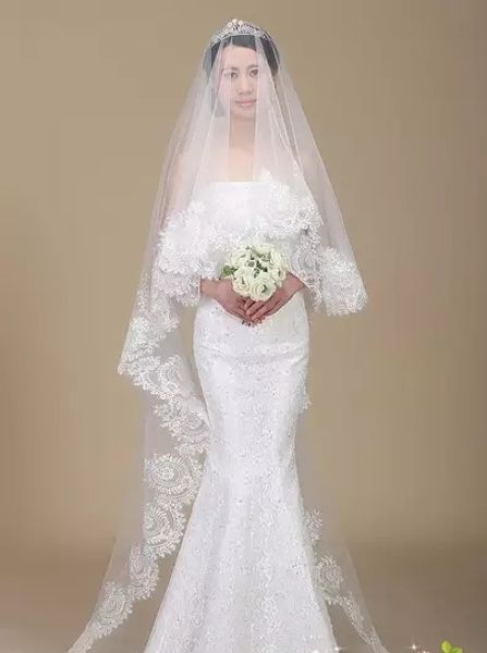 

2018 new 3 meters one layer lace tulle long lace edge bridal veil with comb wedding accessories bride mantilla wedding veil, Black