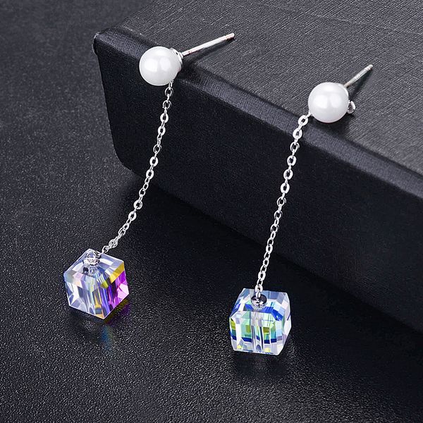 

2018 sale fashion jewelry new square colorful crystal long pearl tassel earrings female crystal from austrian for women simple, Golden;silver