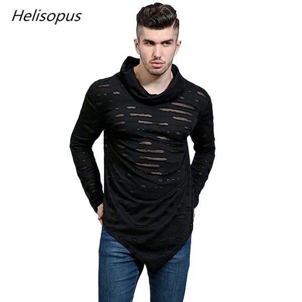 

helisopus fashion men's turtleneck casual long asymmetric hem male long sleeve t shirt ripped holes streetwear t shirt men, White;black