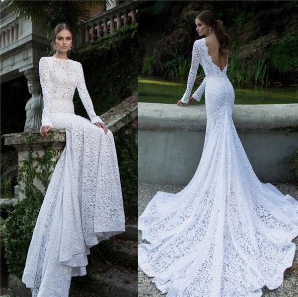 

Vintage Long Sleeve Wedding Dresses Jewel Country Bridal Gowns Open Back Full Lace Wedding Gown Sweep Train
