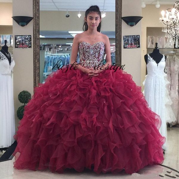 

burgundy ball gown quinceanera dresses crystals prom gowns sweetheart lace-up back rhinestones sweet 16 dress, Blue;red