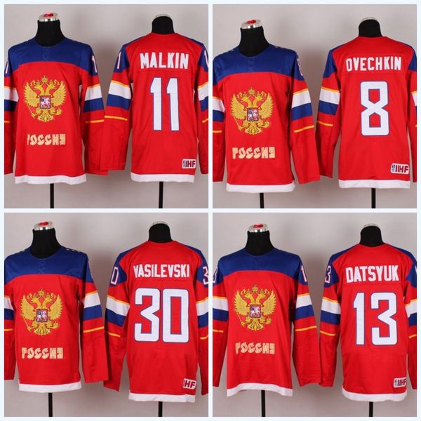 

2014 Winter Olympics National Team Hockey Jerseys 8 Alex Ovechkin 11 Evgeni Malkin 13 Pavel Datsyuk 30 VASILEVSKI Olympic Games Jerseys