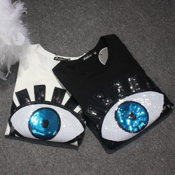 

summer women's with 2018 sleeves new t-shirt european the short wear eyes glitter bcrca, Black