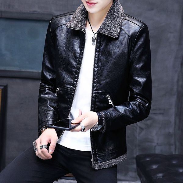 

new winter leather men's motorcycle leather pu jackets men's leisure add wool coat, Black