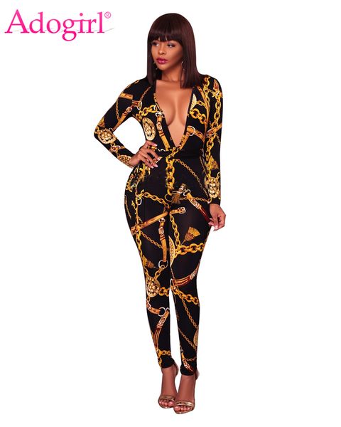 

adogirl fashion gold chain print plus size women jumpsuits plunging deep v neck long sleeve bandage rompers ladies overalls, Black;white