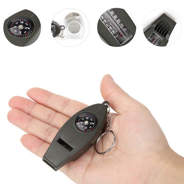 

magnifying glass whistle keychain keyring mini outdoor 4 in1 survival compass thermometer key ring, Silver