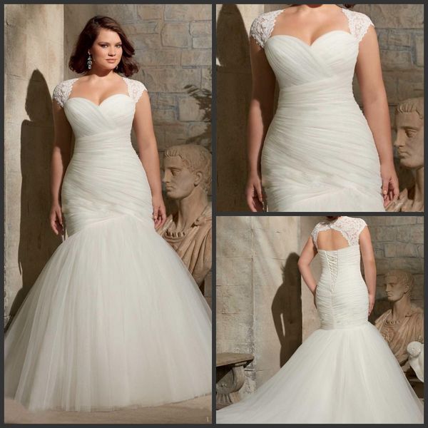 

2018 новый винтаж плюс размер русалка свадебные платья кружева аппликация складки дешевые труба свадебные платья развертки поезд cap рукавом, White