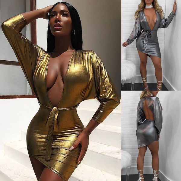 

платье размер s-l цвет золото и серебро мода глубокий v тонкий назад остановился сексуальная грудь с длинным рукавом бинты ночной клуб одежд, White;black