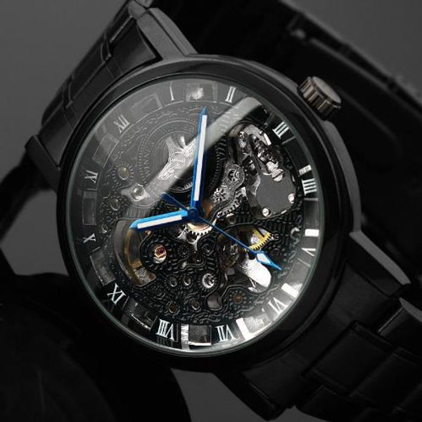 

new black men's skeleton wristwatch stainless steel antique steampunk casual automatic skeleton mechanical watches male 2018, Slivery;brown