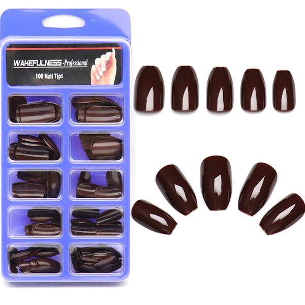 

100pc brown ballerina fake nails full cover nail tips coffin shape french acrylic artificial nail art tips salon decors manicure, Red;gold