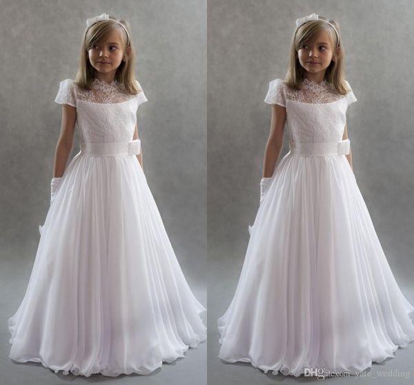 

white princess flower girls dresses for weddings 2017 high neck cap sleeves lace chiffon floor length first communion dresses kids party dre, White;blue