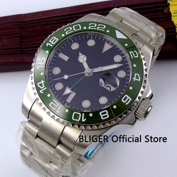 

sapphire crystal bliger 40mm black sterile dial green ceramic bezel gmt function luminous marks automatic movement men's watch, Slivery;brown