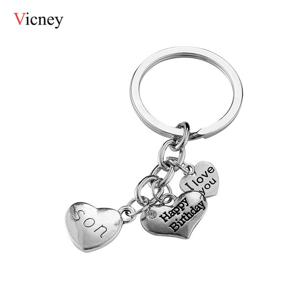 

happy birthday son i love you key chain as birthday gift engraved initials fashion jewelry accessories three heart keychain, Silver