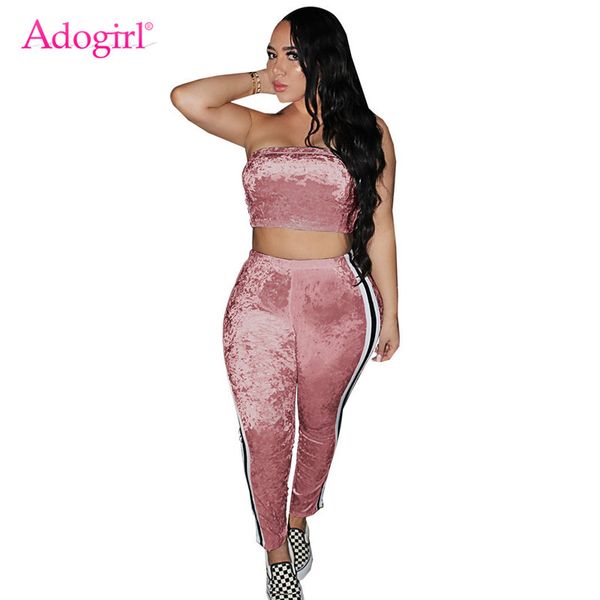 

adogirl 2018 autumn velvet tracksuit for women strapless crop side stripe pants two piece set plus size s-2xl casual outfits, Gray