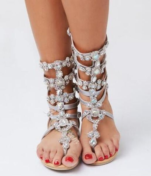 2018 luxo shinny strass plana gladiador sandálias estilo bohemia cristal clip-toe verão cinta sandália botas sapatos sexy lady shoes