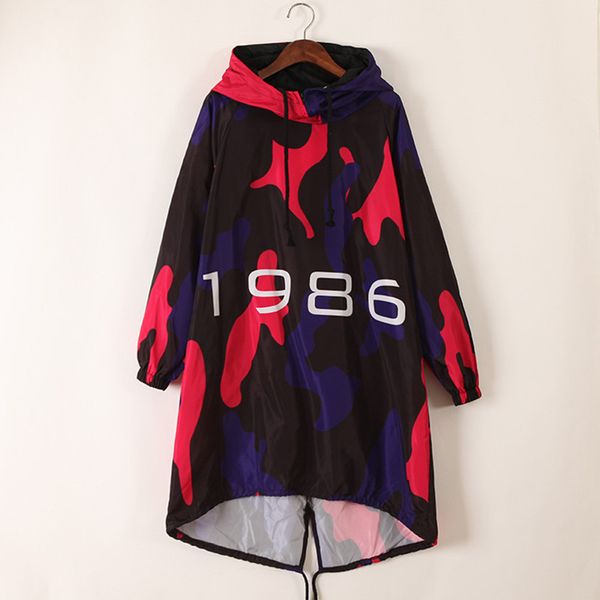 

just.be.never new female autumn hooded long trench blue 1986 print skull harajuku long sleeve large size camouflage women coat, Tan;black