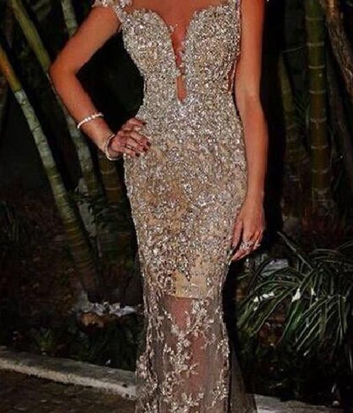 

sequins blingbling arabic sheer crew neck mermaid evening dresses cap sleeves see through skirt vestidos de fiesta, Black;pink