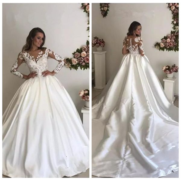 

бальное платье sheer атласная юбка 2021 sheer длинными рукавами свадебные платья vintage sheer кружева аппликации часовня длинные поезд свад, White