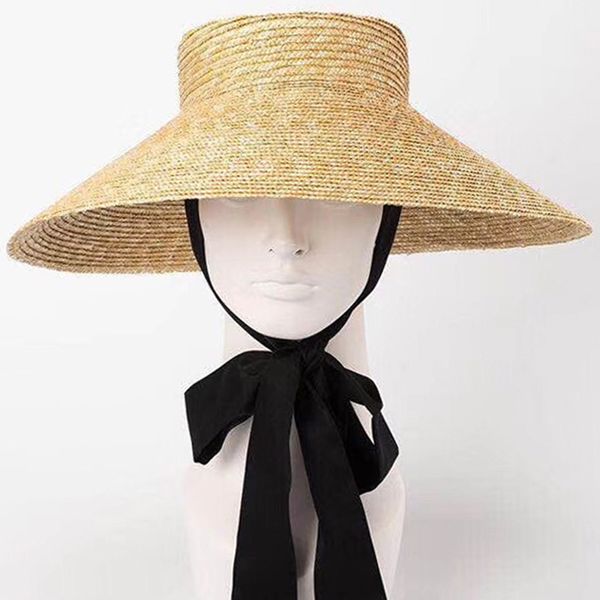 

2018 fashion women trapeziform straw bucket hat high-grade flat sun hat large brim with lacing strap prevents wind, Blue;gray