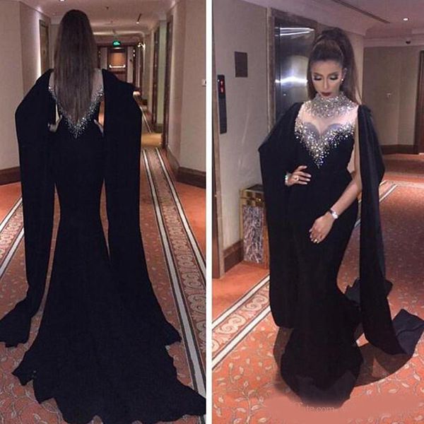

2020 high neck black mermaid prom dresses beaded crystals muslim saudi arabia formal evening prom gowns party dresses