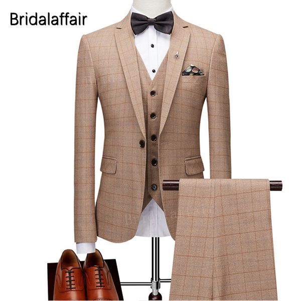 

Ku on fa hion men uit 3 piece prom wedding dre formal lim fit plaid men uit et groom tuxedo 2018 jacket pant ve t