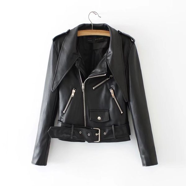 

tuhao streetwear pu leather biker jackets with optional belt sheath female zipper coats turn-down collar t2661, Black