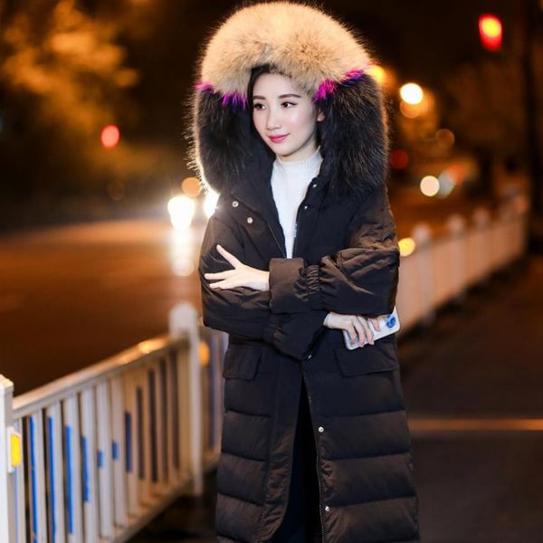 

fashion brand big natural fur hooded 90% white duck down parkas 2018 winter thicker warm hooded down coat wq485 fit -25 degree, Black