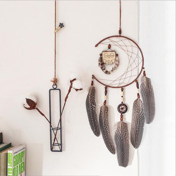 

Handmade Dreamcatcher With Owl Pendant Double Ring Feathers Wind Chime Bar Wedding Home Wall Hanging Decor Gift Regalo