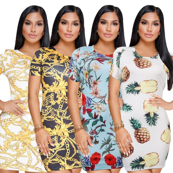 

new summer dresses women clothes classic retro style print dress round neck short sleeve mid length party dress bodycon dresses, White
