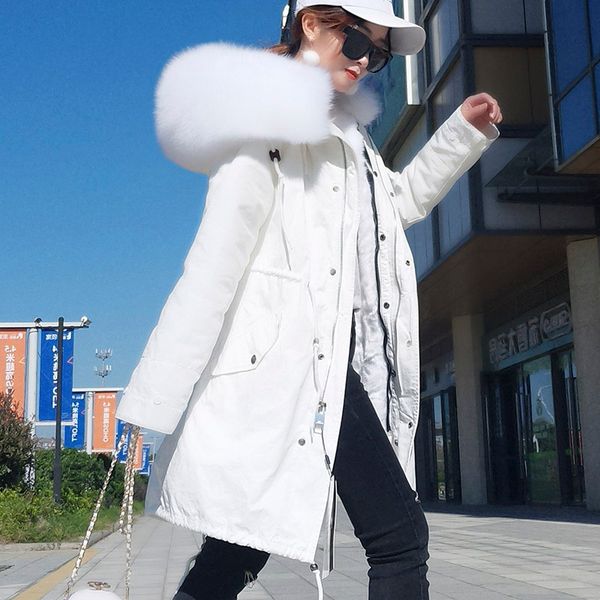 

maomaokong natural real fur jacke coat real fur collar hooded coat short parka long white winter jacket, Black