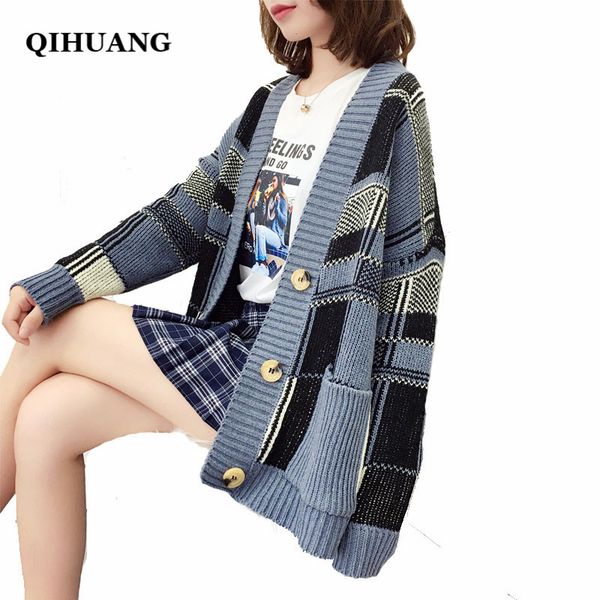 

qihuang women long sleeve knitted cardigan sweater with buttons ladies spring autumn 2018 new oversize cashmere sweaters coat, White;black